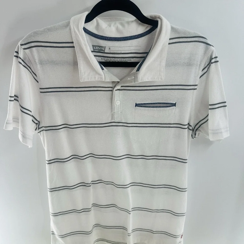 Levi's Men's Polo Shirt Short Sleeve M Cotton White Stripes‎ 3 Button Stretch